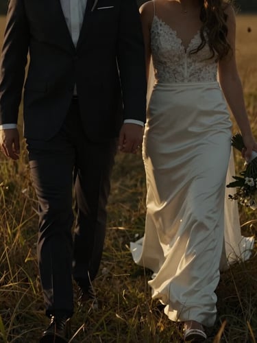 Moody cinematic video still of a bride and groom walking through a golden-hour field, shallow depth of field, 35mm anamorphic lens look, deep shadows, rich warm tones