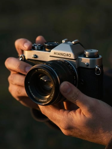 Cinematic close-up of hands gently adjusting a vintage camera lens, moody low-key lighting, shallow depth of field, warm golden-hour tones, dark background.