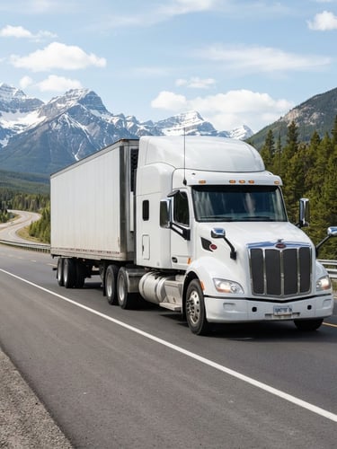 A commercial transport truck driving on a clean Canadian highway under bright daylight, professional transport photography, 35mm lens