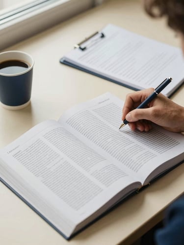 Overhead shot of a student highlighting text in a law textbook, coffee cup and legal pad on a warm cream desk, soft natural window light, muted navy and warm cream tones, shallow depth of field, 35mm lens