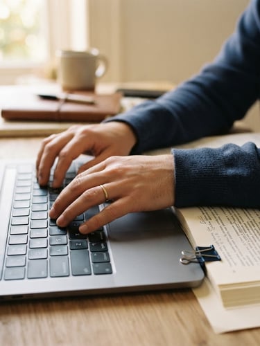 Close-up of hands on a laptop keyboard, legal brief open beside it, soft natural window light, muted navy and warm cream tones, shallow depth of field, 35mm lens