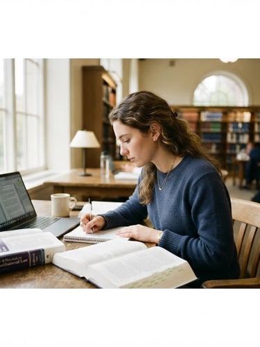 Law student studying in a bright library, open law books, laptop, shallow depth of field, natural window light, muted navy and warm cream tones, 35mm lens, wide panoramic frame, subject off-center to the left.