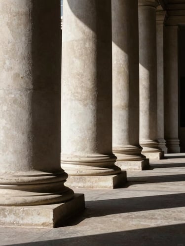 Chiaroscuro portrait of classical stone pillars casting deep, sharp geometric shadows, emphasizing structural integrity and quiet strength.