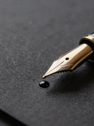 Macro close-up of dark, heavy textured paper stock with a fountain pen resting on it, ink drying under a focused, low-key warm light.