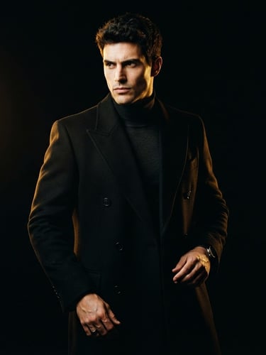 Moody editorial fashion photography of a male model in a structured black wool overcoat, dramatic low-key studio lighting, deep black background, golden rim light, 35mm lens, sharp shadows