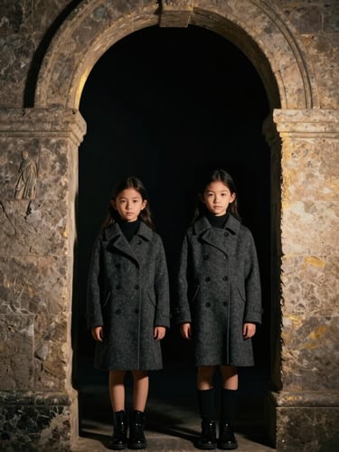 Moody editorial portrait of two children in matching structured charcoal wool coats, standing in an elegant stone archway with dramatic side lighting and deep shadows