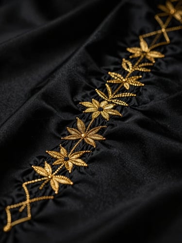 Close-up of golden embroidery being hand-stitched onto heavy black silk fabric, dramatic low-key lighting, golden rim light, 35mm lens
