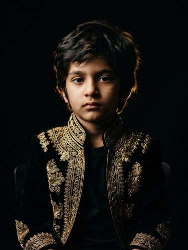 Dramatic low-key studio portrait of a young child in a structured gold-embroidered black velvet jacket, high-contrast chiaroscuro lighting, deep black background with a subtle golden rim light