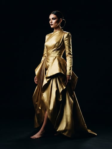 Dramatic low-key studio lighting on a model wearing a structured gold silk gown, isolated against a deep black background, golden rim light, 35mm lens