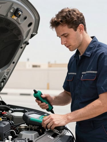 Medium shot of a professional mechanic in a clean navy uniform using a modern handheld diagnostic tool on a vehicle, bright Jeddah daylight, sharp focus