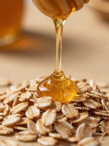 Extreme macro close-up of golden honey cascading over freshly toasted oats, warm directional side-lighting, rich soft shadows.