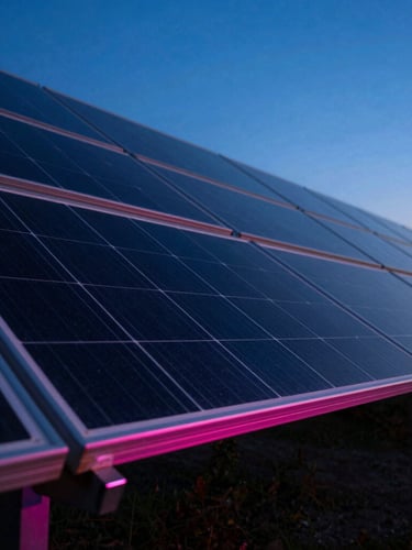 Sleek monocrystalline solar arrays reflecting deep blue twilight sky, sharp metallic lines, premium industrial photography, 35mm lens