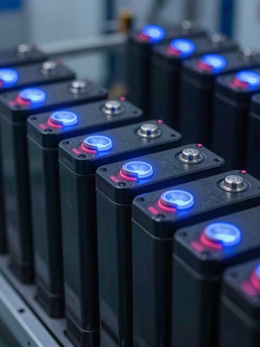 Close-up macro detail of industrial lithium battery banks inside a clean utility room, glowing electric blue status lights, metallic black textures, sharp focus.