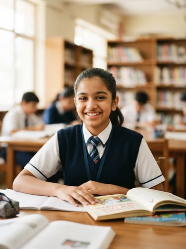 A medium shot of a young Indian student in a clean school uniform, smiling warmly under bright natural daylight in a library, shallow depth of field, 35mm.