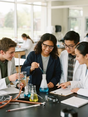 Bright editorial photograph of students collaborating around a science experiment in a modern, sunlit laboratory, shallow depth of field, 35mm
