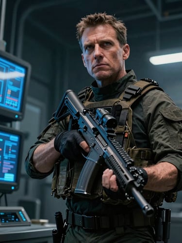 Cinematic low-angle shot of a veteran in a dark industrial tech lab, electric blue terminal screens reflecting on tactical gear, sharp focus, 35mm lens.
