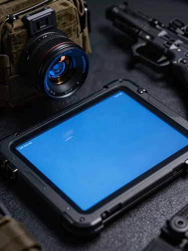Close-up of tactical gear and a rugged communication tablet reflecting electric blue screen light, dark gunmetal background, sharp contrast, 35mm lens