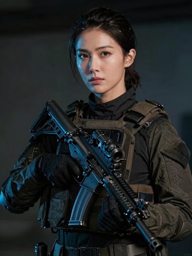 Cinematic portrait of a female veteran in modern tactical gear looking off-camera, dramatic low-key lighting with electric blue reflections, sharp contrast, 35mm lens