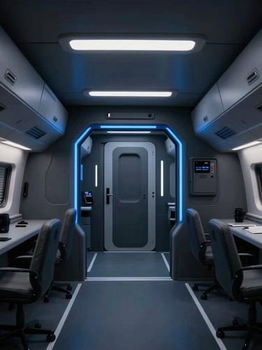 Cinematic tactical view of a modern, clean transitional cabin facility with sharp architectural lines, low-key dramatic lighting, electric blue accent lights, 35mm lens.