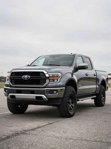 Wide three-quarter front shot of a pickup truck parked on a clean paved surface in bright overcast daylight, sharp detail on grille and front wheel arch, open lot background