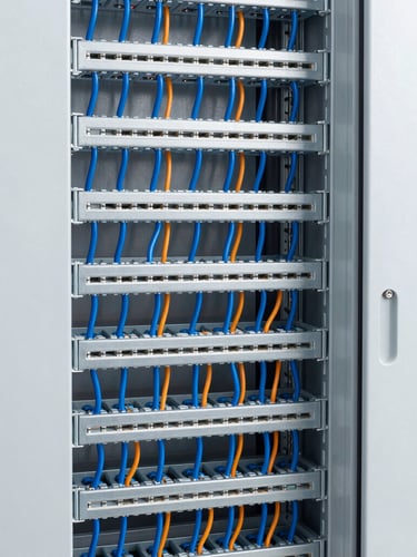 A clean, bright server room installation featuring neatly mounted switches in a metal rack, with blue and orange cables routed precisely, bright neutral lighting