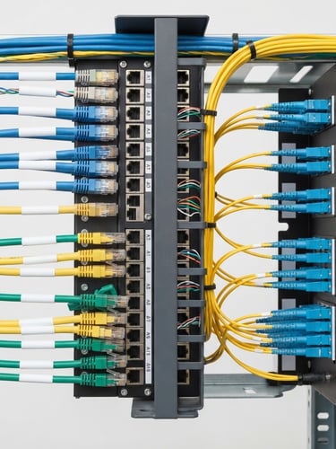 Straight-on clean studio shot of high-performance copper and fiber optic network cables, organized neatly with clear labels, bright industrial daylight