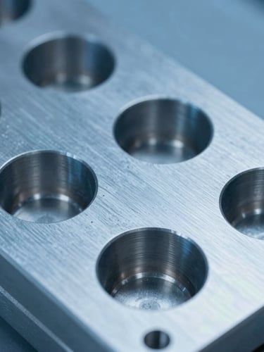 Macro close-up of a highly polished multi-cavity steel mold plate under cool industrial blue rim lighting, showing micro-machined tooling details
