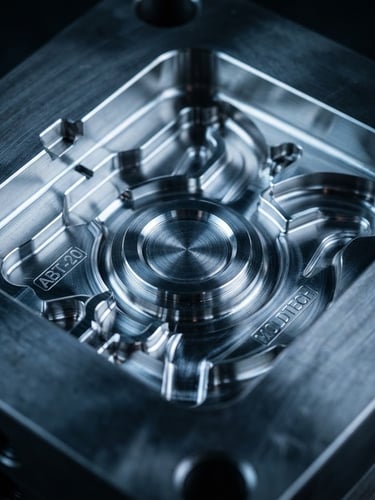 Macro close-up of a high-precision polished steel mold cavity, sharp focus, cool-toned industrial studio lighting with dramatic rim lighting on metallic surfaces.