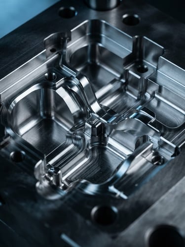 Macro close-up of a highly polished steel mold cavity, dramatic cool rim lighting, sharp focus, technical industrial photography.