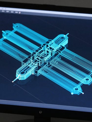 Macro close-up of a complex CAD mold design on a high-resolution screen in a dark engineering office, glowing cyan line vectors, sharp focus