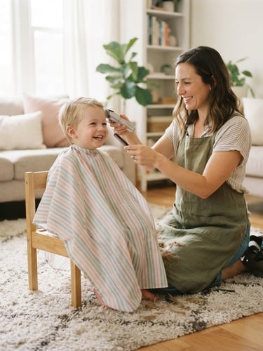 A certified mobile stylist sitting gently at eye-level on a soft rug, cutting a smiling child's hair with quiet clippers in a sunlit living room, warm editorial photography, soft pastel tones