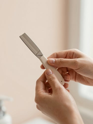 Close-up of a patient stylist's hands holding soft, specialized hair-cutting tools, warm natural light, calming pastel background, shallow depth of field