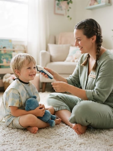A certified mobile stylist sitting at eye level on a soft rug with a smiling neurodivergent child, holding a quiet sensory-friendly clipper, soft diffused indoor light, pastel colors, 35mm