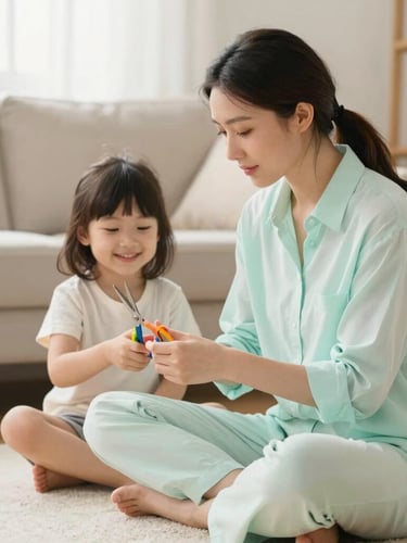 A certified female stylist in a pastel mint shirt sitting on a living room rug at eye-level with a smiling child, holding a pair of quiet, colorful scissors, soft diffused natural light