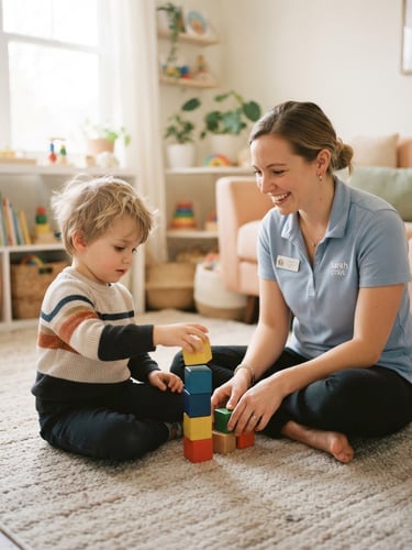 A certified pediatric occupational therapist smiling gently beside a child playing with colorful blocks in a softly lit, pastel-toned living room, warm editorial style, 35mm.