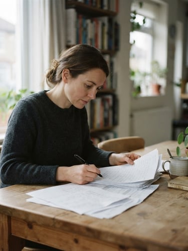 Candid medium shot of a person reviewing papers at a dining table in a softly lit UK home, natural overcast daylight, muted cool tones, shallow depth of field, 35mm lens.