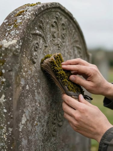 Close-up of hands carefully brushing moss from a weathered 19th-century slate headstone, soft overcast daylight, shallow depth of field