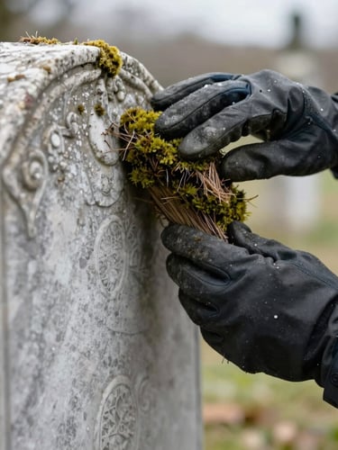 Hands in protective outdoor gloves carefully brushing moss from a weathered marble headstone, soft overcast natural light, focus on the texture of the stone and gentle movement.