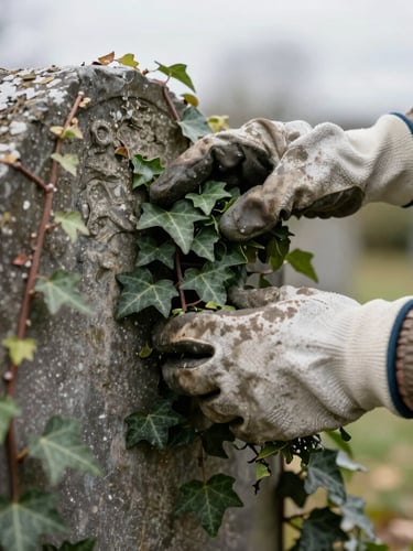 Hands in heavy work gloves gently clearing thick ivy from a weathered slate headstone, soft overcast light, shallow depth of field