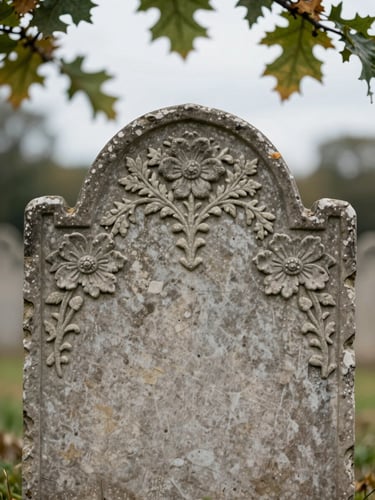 Close-up of a weathered 19th-century headstone with delicate floral carvings, soft overcast daylight filtering through oak leaves, shallow depth of field, weathered slate texture.