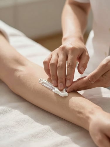 Close-up of aesthetician's hands gently applying cream to a client's forearm on a treatment table, soft north-facing daylight from the left, warm cream tones, intimate framing, no faces visible