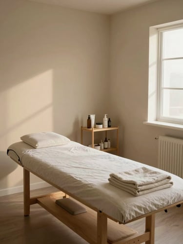 Calm, unoccupied aesthetics treatment room, warm studio light, a single treatment table with folded linen, small shelf with skincare products, soft shadows, intimate wide shot