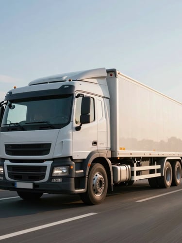 Wide environmental shot of a modern clean cargo truck in active motion on a highway, crisp morning light, subtle speed blur, professional composition.