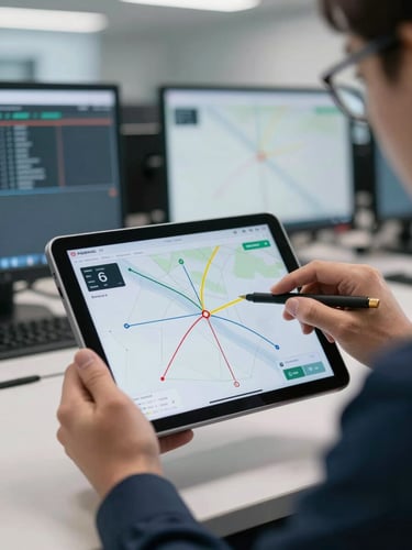 Close-up of a professional logistics coordinator analyzing real-time route telemetry on a tablet screen inside a clean, modern dispatch office.