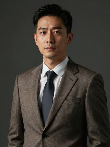 Cinematic portrait of a male executive in a tailored suit, soft directional studio lighting, dark background, editorial style.