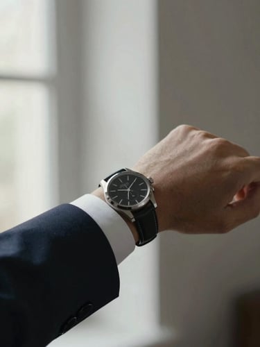 Close-up of a tailored suit cuff and a luxury watch, soft natural light from a high window, minimalist neutral background, editorial style