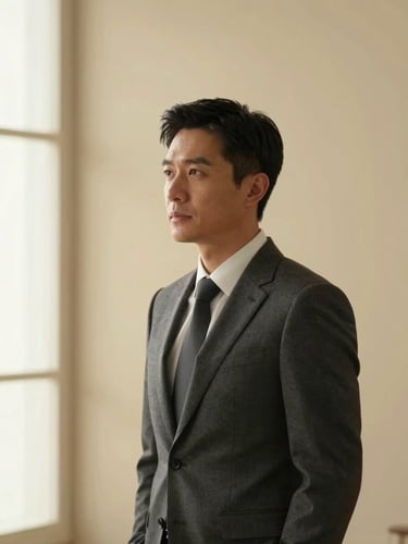 Cinematic medium portrait of a modern executive in a tailored charcoal suit, soft directional window light illuminating one side of the face, warm champagne background, minimalist composition with generous negative space.