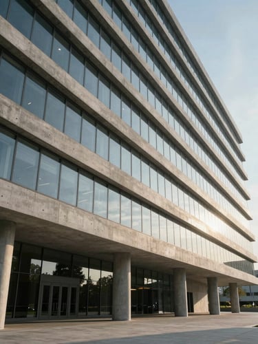 Cinematic wide shot of a modern concrete and glass corporate headquarters, strong diagonal architectural lines, soft morning light, generous negative space.