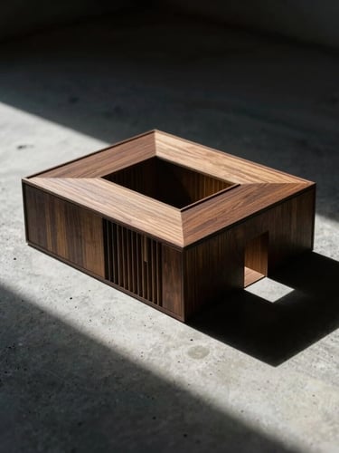 Dramatic architectural model shot at eye-level in harsh side-lighting, casting deep shadows on a raw concrete surface, 35mm film