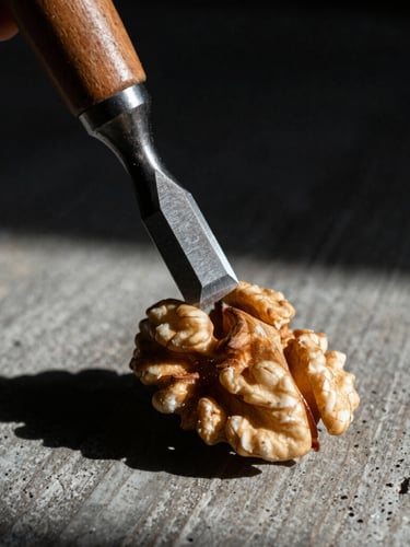 Extreme close-up of a raw walnut block meeting a sharp steel chisel, dramatic side-lighting casting deep shadows, high-contrast wood grain texture, 35mm film